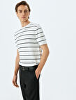 Çizgili Bisiklet Yaka Viskon Kısa Kollu Triko Tişört