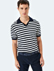 Viskon Çizgili Kısa Kollu Polo V Yaka Triko Tişört