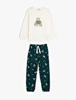 Teddy Bear Baskılı Uzun Kollu Pamuklu Pijama Takımı
