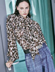 Leopar Desenli Fular Yaka Şifon Bluz Uzun Kollu 