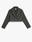 Kruvaze Yaka Uzun Kollu Düğme Detaylı Crop Blazer Ceket