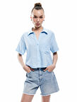 Kısa Kollu Cep Detaylı Klasik Yaka Crop Gömlek