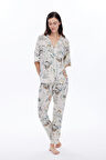 Kadın Viskon Kısa Kollu Gömlek Uzun Pijama Takımı