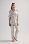 Kadın Viskon Kısa Kollu Gömlek Uzun Pijama Takımı