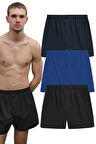 Erkek Pamuklu Poplin Boxer, Üçlü Paket, Siyah-Lacivert-Mavi,  % 100 Pamuklu Poplin Kumaş