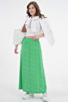 Yeşil Çiçekli Beli Lastikli Yüksek Bel Dokuma Etek