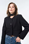 Siyah Yuvarlak Yaka Düğme Kapama Dokuma Crop Ceket
