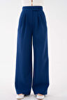 Lacivert Yüksek Bel Cırtlı Kapama Çift Pile Dokuma Palazzo Pantolon