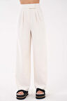 Ekru Yüksek Bel Cırtlı Kapama Çift Pile Dokuma Palazzo Pantolon