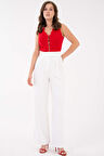 Beyaz Yüksek Bel Cırtlı Kapama Çift Pile Dokuma Palazzo Pantolon