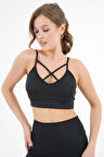 Siyah Çapraz Askılı Örme Crop Büstiyer - Pedli Sporcu Sütyeni