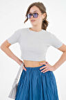 Gri Bisiklet Yaka Kısa Kol Fitilli Örme Crop Bluz