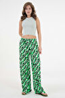 Yeşil Beli Lastikli Bağlamalı Bol Paça Dokuma Pantolon