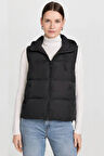 Siyah - M Kadın Oversize Kapüşonlu Fermuarlı Şişme Yelek - Puffer Vest