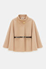 Bej - STD Broş Detaylı Kemerli Şık Kısa Panço Ceket