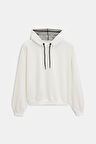 Ekru - M Kadın Oversize Kapüşonlu Basic Hoodie Sweatshirt