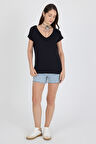 Ön Arka V Yaka Siyah Kadın T-shirt 0003