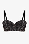 Kadın Dolgusuz Tül Detaylı Leopar Desenli Toparlayıcı Straplez Sütyen