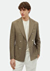 Haki Çizgili Zeroweight Slim Fit Keten Karışımlı Ceket