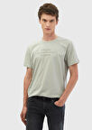 Açık Gri Baskılı Bisiklet Yaka %100 Pamuk T-Shirt