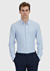 Açık Mavi Çizgili Regular Fit Klasik Pamuk Karışımlı Gömlek