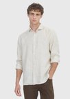 Açık Bej Düz Casual Fit Uzun Dokuma Casual %100 Keten Gömlek