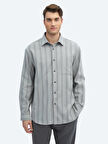 Gri Çizgili Oversize Fit Dokuma Casual Pamuk Karışımlı Gömlek