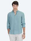 Nil Yeşili Düz Regular Fit Dokuma Casual Pamuk Karışımlı Gömlek