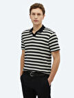 Siyah Çizgili Polo Yaka Pamuk Karışımlı T-Shirt