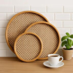 Dekorasyaa Yuvarlak Bambu Tepsi 3'lü Set - 25x30x35