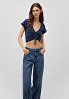 Büzgülü Lacivert Crop Tişört 1612670-82454
