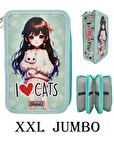 XL Jumbo Model Kedili Kız Kalem Kutusu Organizer Kalemkutu 3 Bölmeli Kalemlik Yeşil