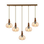 Vinta 5'li Sıralı Eskitme Ahşap Detaylı Bohem Salon Sarkıt Avize