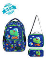 Lisanslı Lacivert-Yeşil Dinazor Desenli İlkokul Erkek Sırt Çantası,Beslenme Çanteası Ve Kalemlik
