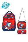 Lisanslı Lacivert-Kırmızı  Köpekbalığı Desenli Okul Sırt Çanatası,Beslenme Çantası Ve Kalemlik 