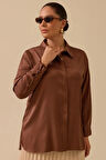 Kadın Büyük Beden Düğmeli Saten Gömlek - Kahverengi | 46