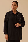 Kadın Büyük Beden Taş Detaylı Gömlek - Siyah | 48