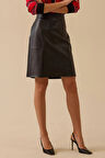 Kadın Yırtmaç Detaylı Suni Deri Etek - Siyah | 40