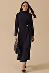 Seçil Kadın Metal Aksesuarlı Drapeli Elbise 1025 Lacivert