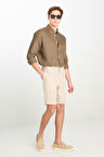 %100 Keten Regular Fit Normal Kesim Lastik Bel Detaylı Bej Şort