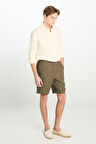 %100 Keten Regular Fit Normal Kesim Lastik Bel Detaylı Haki Şort