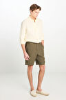 %100 Keten Regular Fit Normal Kesim Lastik Bel Detaylı Haki Şort
