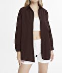 Kadın Oversize Uzun Basic Gömlek - KAHVERENGİ