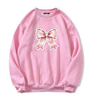 Unisex Oversize Bisiklet Yaka Basic Powder Pink Ribbom Baskılı Sweatshirt - PEMBE
