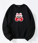Unisex Oversize Bisiklet Yaka Basic Ribbom Cherry Baskılı Sweatshirt - SİYAH
