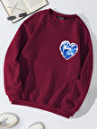 Unisex Oversize Bisiklet Yaka Basic Ocean Heart Baskılı Sweatshirt - BORDO