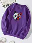 Unisex Oversize Bisiklet Yaka Basic Heiparman Panda Baskılı Sweatshirt - MOR