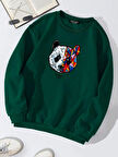 Unisex Oversize Bisiklet Yaka Basic Heiparman Panda Baskılı Sweatshirt - KOYU YEŞİL