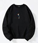 Unisex Oversize Bisiklet Yaka Basic Balloon Astronaut Baskılı Sweatshirt - SİYAH