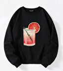 Unisex Oversize Bisiklet Yaka Basic Orange Cocktail Baskılı Sweatshirt - SİYAH